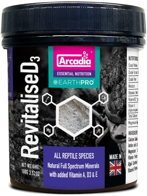 Arcadia EarthPro RevitaliseD3 Calcium Powder for Reptiles 100g – All-Natural Full Spectrum Mineral Supplement with Reptile Calcium Carbonate, Bee Pollen, and Magnesium for Complete Nutrition