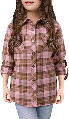 Girls Plaid Button Down Shirts Kids Rolled Up Long Sleeve Casual Collared Blouses Western Shirts for Girls Camisas para niños Pink Size 9-10
