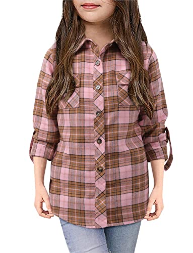 Girls Plaid Button Down Shirts Kids Rolled Up Long Sleeve Casual Collared Blouses Western Shirts For Girls Camisas Para Niños Pink Size 9-10 #TOP11