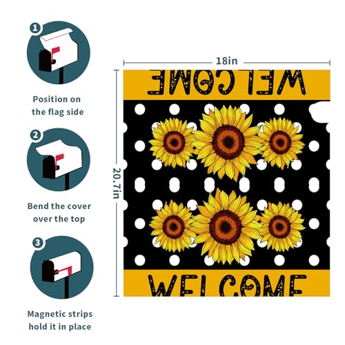 Image of Spring /Summer Sunflower Mailbox Cover - Magnetic Floral Black and White Dot Standard Size 18 X 21 Holiday Mailbox Wrap Post Letter Box Decorative for Home Outdoor Garden