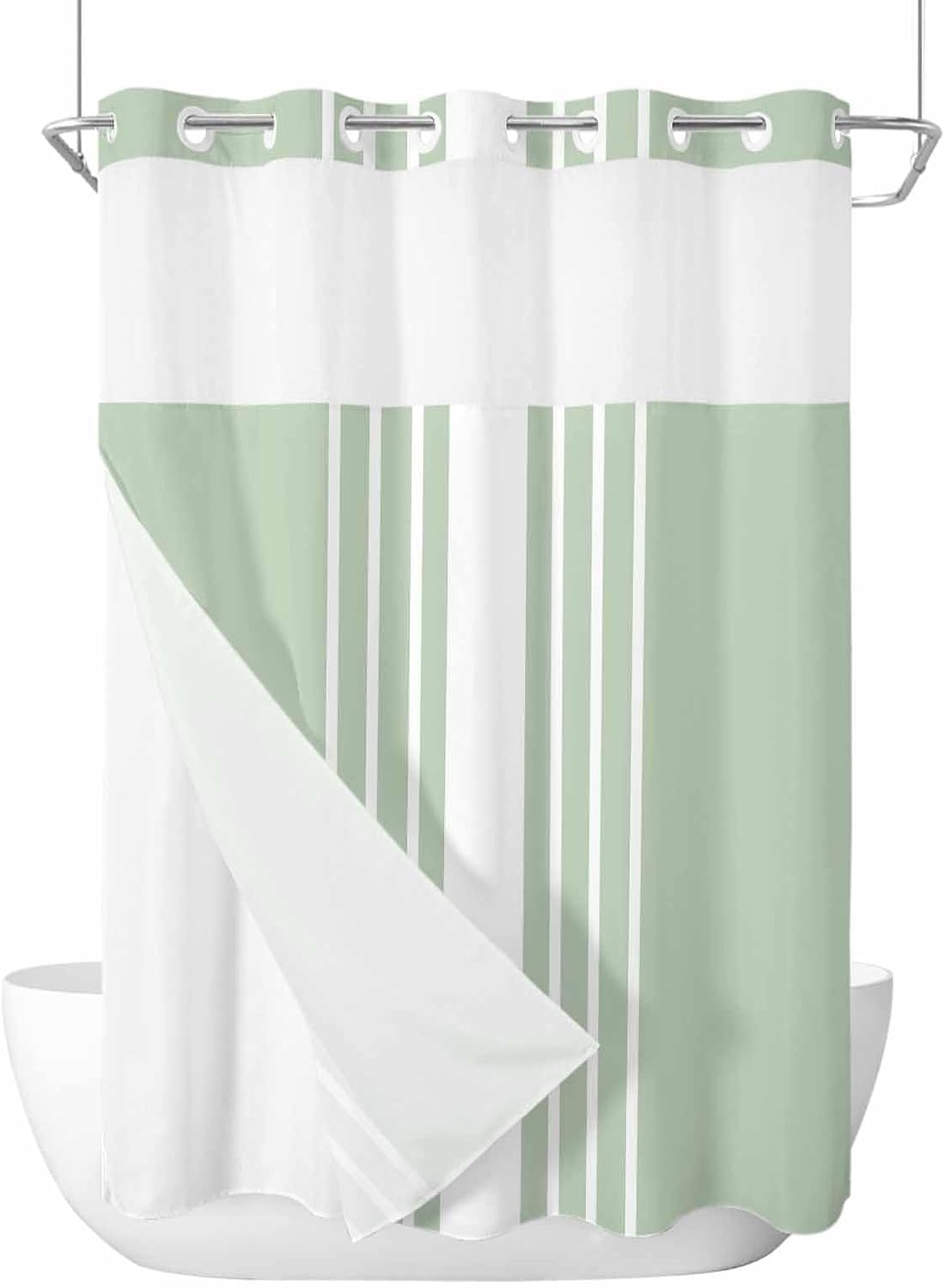 No Hook Shower Curtain with Snap-in Liner, Sage Green Stripe Waterproof Fabric Bathroom Curtains, Modern Monochrome Vertical Striped Bath Curtains & Mesh Top Window Stall 48"x72"