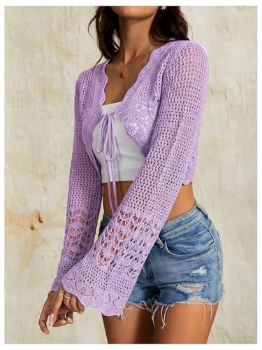 Image of OYOANGLE Women's Crochet Tie Front Sweater Cardigans Bell Sleeve Knitted Cropped Bolero Shrug Cardigan