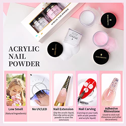 BORN PRETTY Acrylpulver für Nägel, Acryl Pulver Nails Set Nagellack Acrylnägelpulver Sammlungsset von 3 Farben Rosa Weiß… – Bild 5