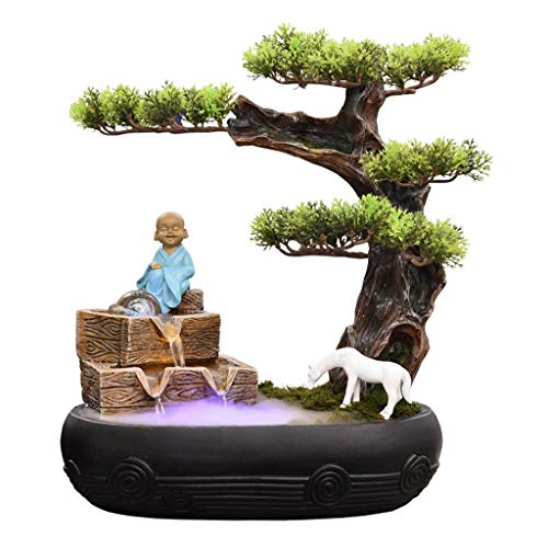 Indoor fountain Zen Indoor Fountain Indoor 2-Tier Water Fountain and Resin Pine Tree Decorative Fountain Desktop Tabletop Decorative with Submersible Pump Desktop waterfall (Color : A)