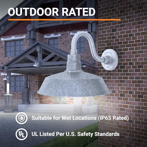 Image of 14in. Galvanized Finish Outdoor Gooseneck Barn Light Fixture with 10in. Long Extension Arm - Wall Sconce Farmhouse, Vintage, Antique Style - UL Listed - 9W 900lm A19 LED Bulb (5000K Cool White)