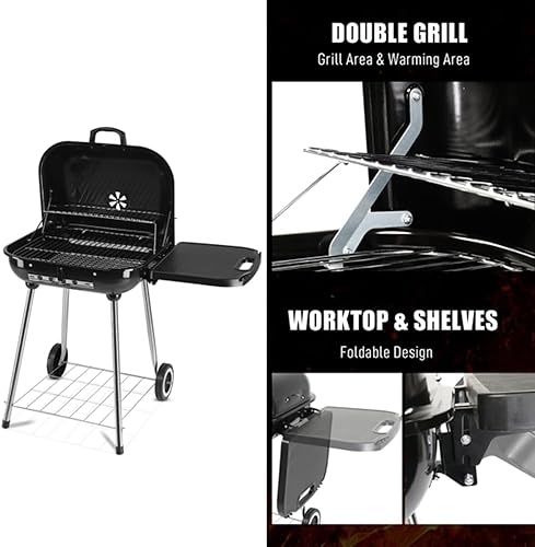 Miniatura 8 de Parrilla de carbón portátil de 28 pulgadas con ruedas, ahumador grande con rejillas de ventilación ajustables y estante lateral plegable, parrilla