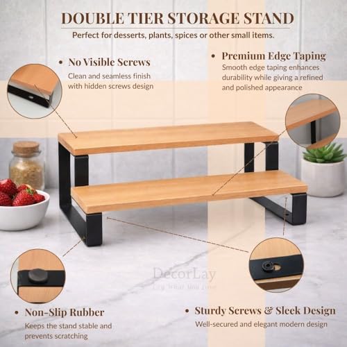Image of Decorlay 2-Tier Metal & Laminated Board Stairs Spice Rack Cosmetic Organizer Stand, Kitchen Countertop for Pantry Cupboard, Countertop (Beech+Black)