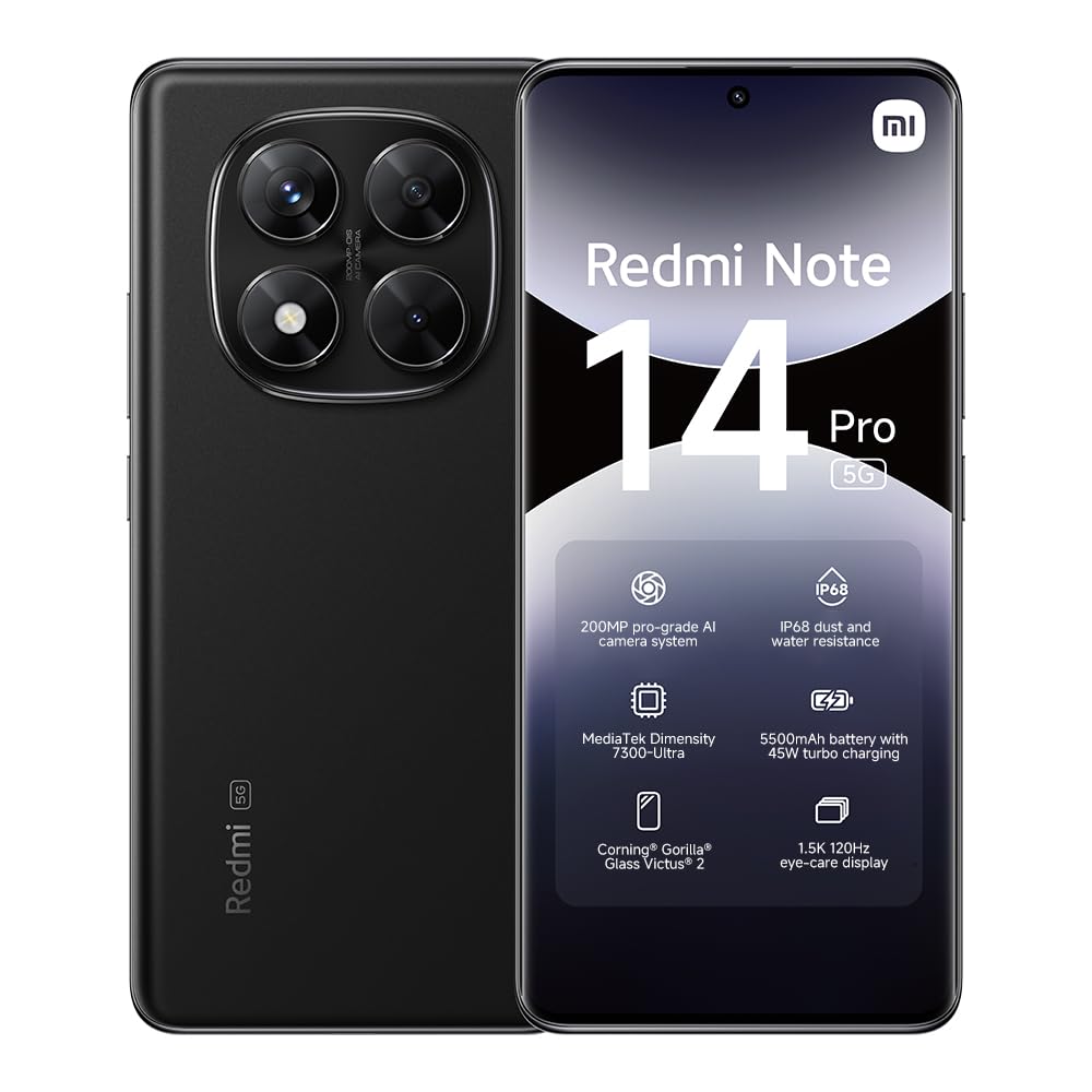 XIAOMI Smartphone Redmi Note 14 Pro 5G, 8+256GB, fotocamera AI da 200MP, IP68, ricarica turbo da 45W con batteria da 5110mAh, funzionalità AI (caricabatterie non incluso), Nero