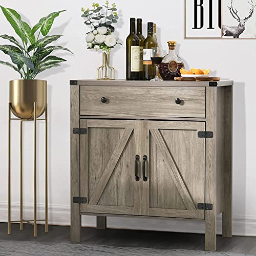 4Ever2Buy Farmhouse Coffee Bar Cabinet With Storage, Gray Kitchen Buffet Cabinet With Barn Doors, Small Coffee Bar Table With Drawer Adjustable Shelf, Accent Storage Cabinet For Living Dining Room #TOP5
