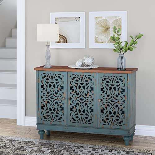 Sophia & William Sideboard And Buffet With Storage, 3-Door Hollow-Carved Accent Cabinet, Distressed Wood Storage Cabinet Cupboard For Kitchen, Dining Room, Living Room, Entryway, Blue #TOP5
