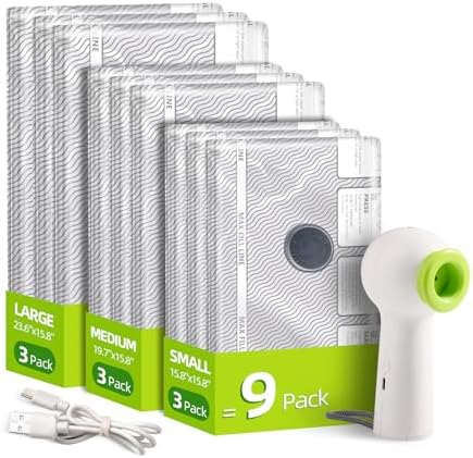 Travel Vacuum Storage Bags with Rechargeable USB Pump, 9 Pack Carry-On Size Compression Packing Bags for Luggage and Suitcase, Space Saver for Clothes and Clothing Travel