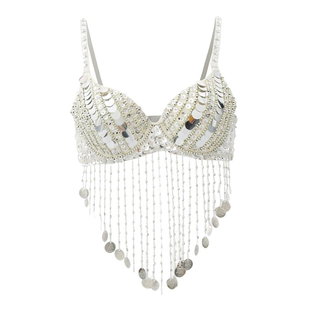 MYADDICTION Belly Dance Beaded Bra Sequins Tassel Top Dancing Singer Costumes Silver-image-48
