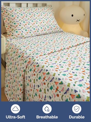 Image of Kids Twin Size Bug Bed Sheets - 3 Piece Kids Bug Sheet Set - Garden Insect Bedding - Ultra-Soft, Cute & Cozy - Breathable & Machine Washable - Butterfly Buggy Bed Set for Boys, Girls, Teens & Toddlers