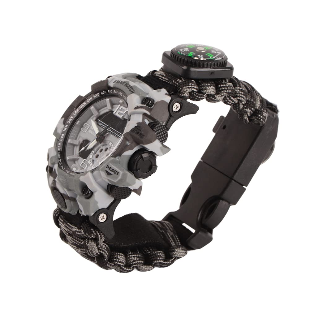 Ghzste Survival Military Digital Watch,Outdoor Camping Survival Watch Multi Functional Bracelet Compass Whistle Paracord Bracelet Equipment Tools Kit (Black & gray)