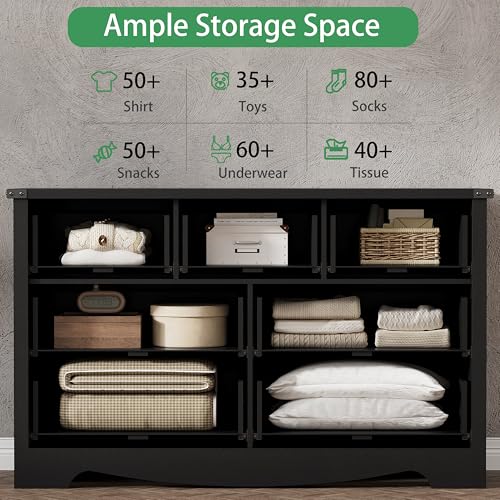 Image of Dresser for Bedroom with 7 Drawers, 58 inch Wide Wood Chest of Drawers with Deep Drawers & Mental Handle, Modern Dresser TV Stand, Wooden Closet Storage Organizer for Living Room, Hallway, Entryway, Black