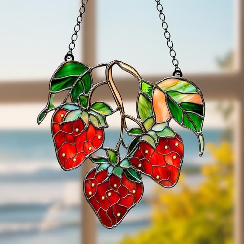 Strawberry Branch Acrylic Suncatcher, Boho Suncatchers for Window Hangings, Stained Glass Effect Indoor Outdoor Garden Decor for Berry Lover, Gifts for Mother's Day, Mom, Grandma, Wife, Women