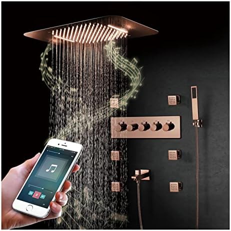 Music Shower System 64 Colors LED Shower Combo Set Thermostatic Bathroom Shower Faucet Set Rose Gold Bluetooth Smart Musical Shower Set with 22.8*14.9 Inches Shower Head, 6pcs 2 Inches Body Spray Jets