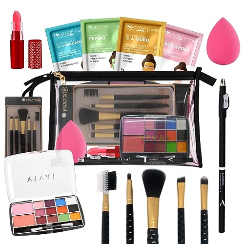 Kit de maquiagem e completo com estojo sombras e pincéis para mulher, esposa, adolescente (Base Escura)