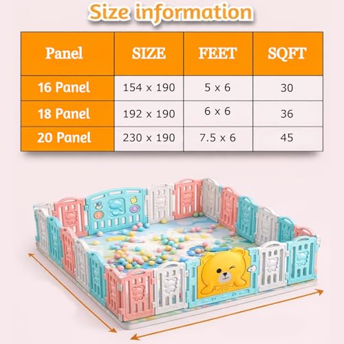 Image of Hukimoyo Large Baby Playpen 18 Panels /36 Sq Ft Play Area Indoor Setup with Mat ,balls | Play Yard for Babies 0-3 Years with Padded Boundary |Indoor Outdoor Toddler , infant fence Activity Center with Safety Door Lock & Suction Cups (6 * 6 FT)