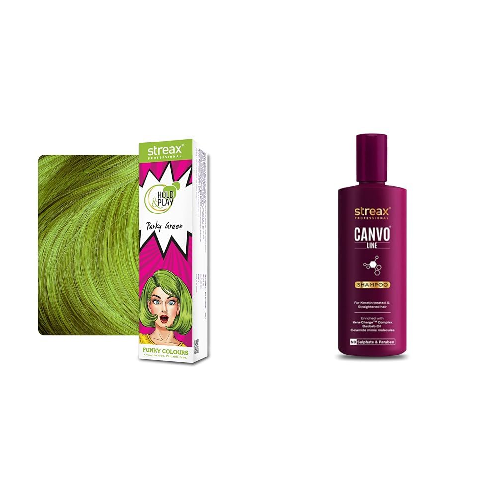 Streax Professional Hold & Play Funky Colour, Hair Color, 100g - Perky Green Canvoline Straightening Post Care Shampoo for Women 300ml