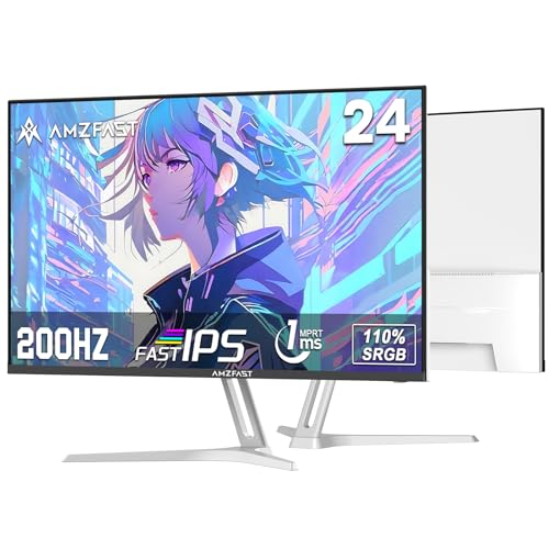 Amzfast 24 Zoll Gaming Monitor-200Hz, FHD 1920x1080, Fast IPS Monitor, 1ms MPRT, 110% sRGB, Anti-Blaulicht, HDR, Adaptive Sync, VESA 100x100, HDMI 2.0/DP 1.4, Weiß- AMZG24X1W