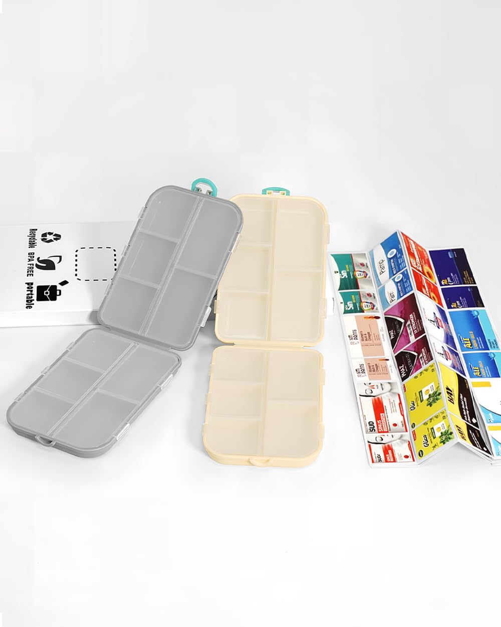 Lot de 2 piluliers de voyage avec étiquettes, grande organisation de médicaments, essentiels de voyage