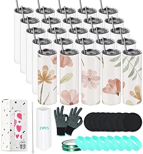 MerryJoy 25 Pack Sublimation Tumblers, Skinny Stainless Steel Tumbler with Insulated Wall, Sublimation Cups with Silicone Band, Heat Resistant Tape, Gloves and Shrink Wrap