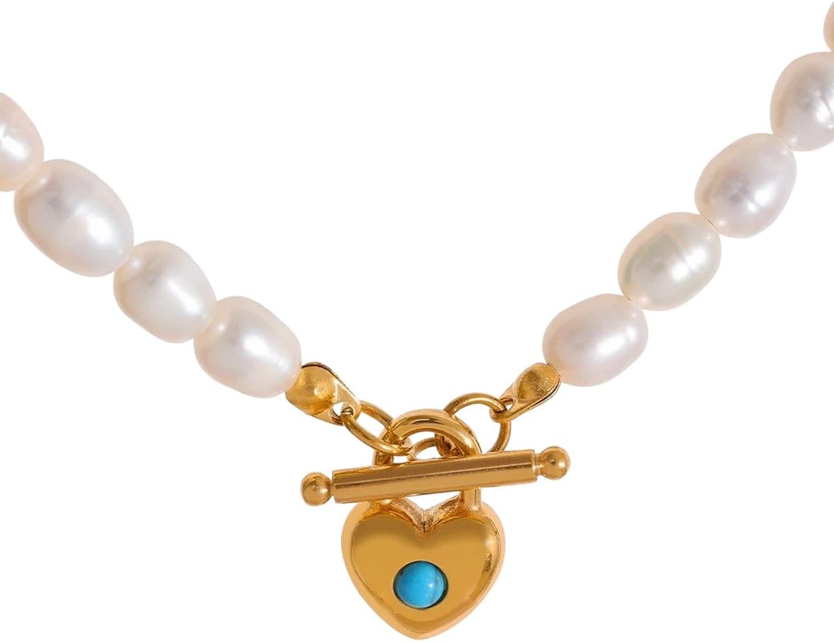 New 2025 Elegant Natural Freshwater Pearls Heart Pendant Turquoise Stainless Steel Necklace Chic Luxury Collar Charm Jewelry Women With For You Jewelry Fashion Accessories Creative Gift