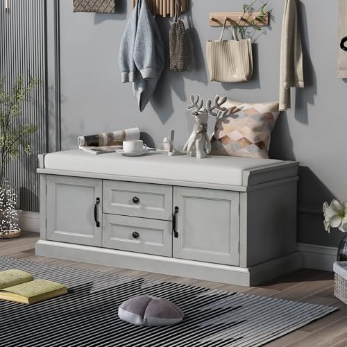 GDFStudio Rustic Storage Bench with 4 Doors 2 Draws Adjustable Shelves Removable Cushion Rectangular Cabinet Foot Rest Stool Solid Wood Shoe Bench Seating for Entryway Living Room, Gray Wash