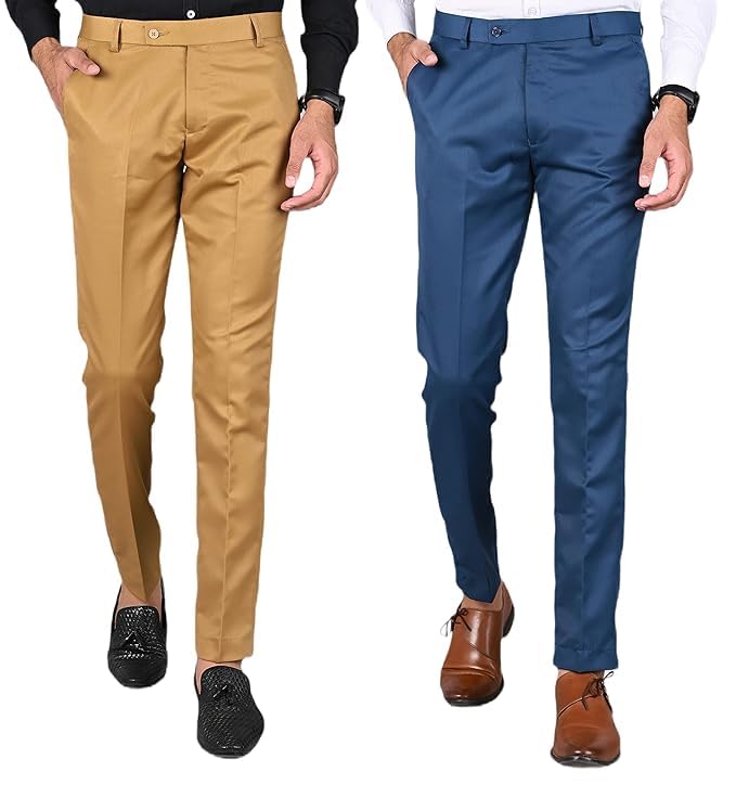 Men's Slim Fit Formal Trousers, Khaki & Blue, Pack of 2-picture-42