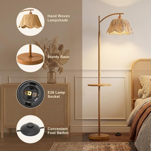 Image of Oneach 63.5 inch Floor Lamp with Table for Living Room, Boho Rattan Standing Lamps with Foot Switch, Farmhouse Floor Lamp for Bedroom, Arc Tall Lamp with Metal Base&Pole, Bulb not Included, Woodgrain