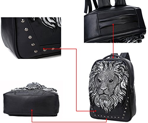 3D Animal Head Backpack, Studded Pu Leather Cool Laptop Backpack College Bookbag (Lion-Black) One Size #TOP7