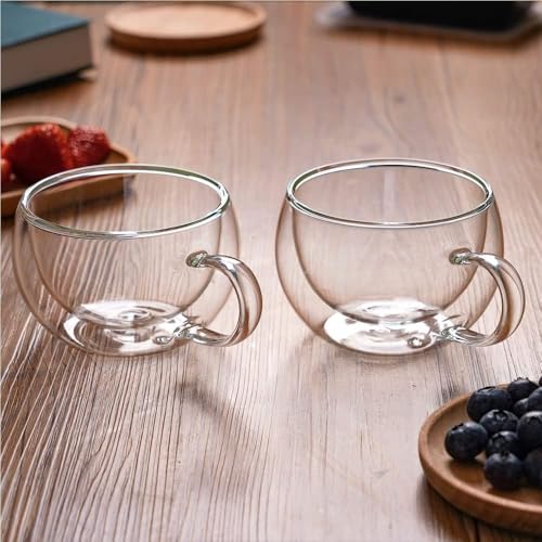 Image of ANKUL Heat Resistant Double Wall Glass Coffee Mugs Set of 2 Clear Insulated Coffee Glass, Cappuccino Cups, Latte Cups, Beverage Glasses (2, BrewSphere), 200 ml