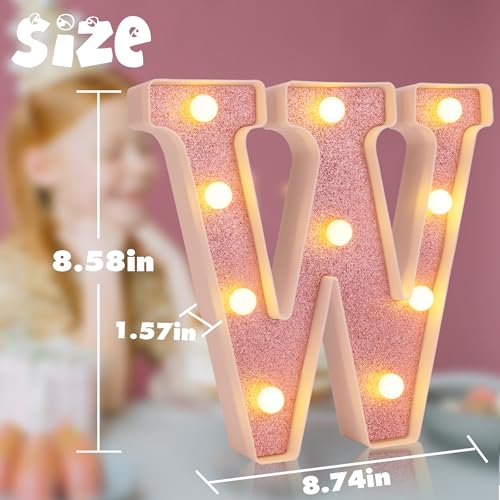 Image of Small Led Marquee Letters, Light Up Letters, 8.58 Inch Led Letter Lights, Battery Powered Lighted Sign for Table, Party, Birthday, Christmas Decor (Pink Glitter, Letter W)