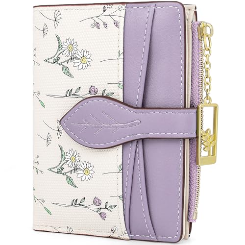 Small Wallet Womens Purple Flower Cute Wallets for Ladies Slim Change Purse for Ladies Bifold Wallet Womens With Zipper Coin Pocket Purses Card Holder for Women