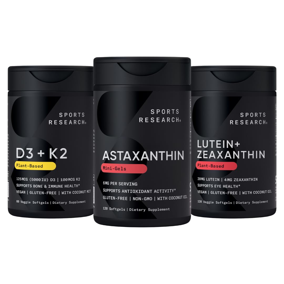Sports Research® Pack - Astaxanthin 6mg, Lutein 20mg + Zeaxanthin 4mg & Vitamin D3 5000iu + K2 100mcg Supplements