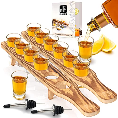 Shot Glass Holder Tray Set with Tequila Glasses and Tray