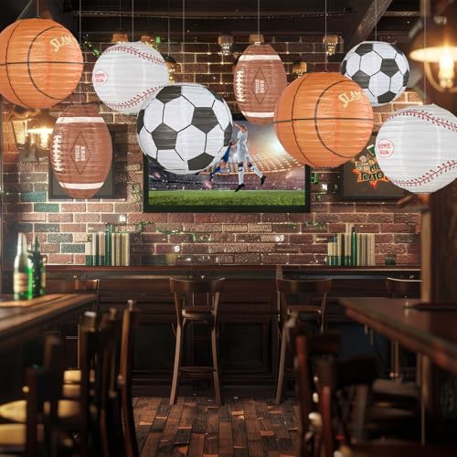 Image of UNIQOOO 8Pcs Sports Paper Lanterns Football Party Decoration Set, Large 12 Inch, Soccer Ball American Football, Baseball Basketball Japanese Hanging Lanterns, Reusable Game Day Kids Birthday Favors