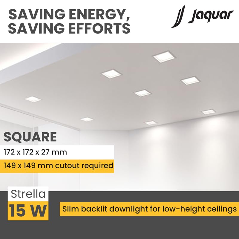 Image of Jaquar Polycarbonate Strella Slim 15W Square Recess Down Light - Cool White, Energy Efficient LED Ceiling Light for Home and Office (Pack of 1)