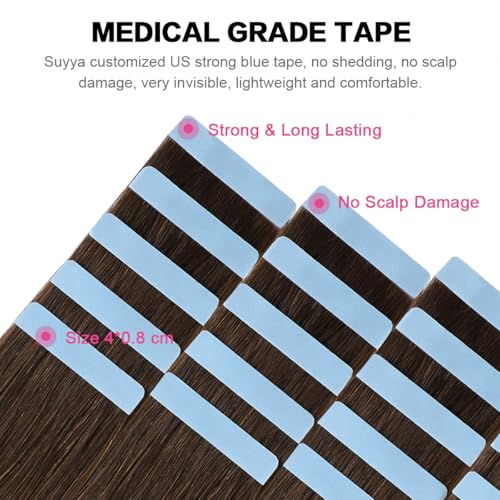 Image of SUYYA Tape In Hair Extensions Human Hair 16 Inch #4 Dark Brown | Remy Human Hair, Invisible Skin Weft, Soft & Silky Straight Hair, 20PCS 40G, Seamless Blend, Add Length & Volume