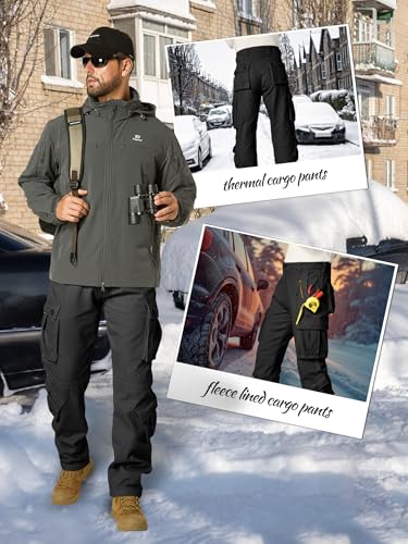 Men's Fleece Lined Hiking Cargo Pants,Winter Insulated Work Pants Mens Tactical Warming Trousers Snow Ski Safari(No Belt)2