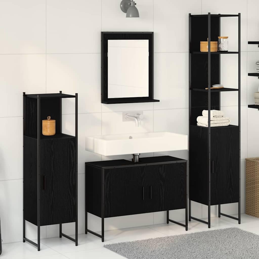 Juego de 4 muebles de baño de acero y madera con espejo, estante y armario, color negro