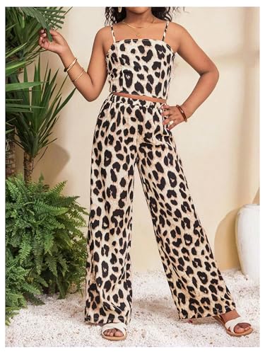 Image of Floerns Girl's 2 Piece Outfit Hawaiian Tropical Crop Cami Tops and Boho Pants Set
