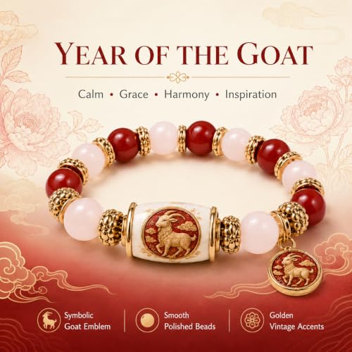 2027 Year of the Goat Bracelet for Women, Chinese Zodiac Goat Beaded Stretch Bracelet with Goat Charm Red Pink Lunar New Year Jewelry Chinese New Year Gift with Card Box - Image 5