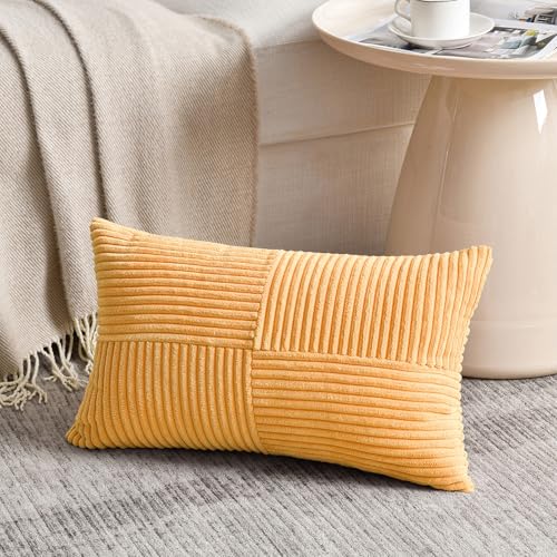 Fancy Homi Gold Yellow Long Lumbar Decorative Throw Pillow Covers 16x24 Inch for Living Room Couch Bed, Boho Farmhouse Fall Home Decor, Soft Corduroy Corss Textured Cushion Case 40x60 cm