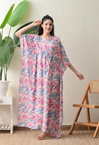 Image of Ichaa Women's Pink Rayon Printed Round-Neck Kaftan-Style Free Size Nighty with Drawstring