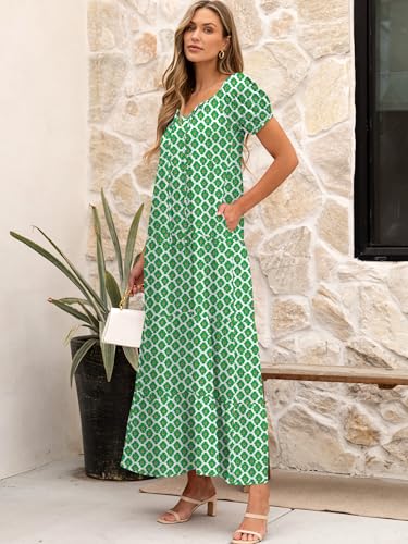Image of ANRABESS Women's Boho Maxi Dresses 2025 Summer Casual Floral Puff Short Sleeve Tie Front Flowy Swing Tiered Long Beach Dress