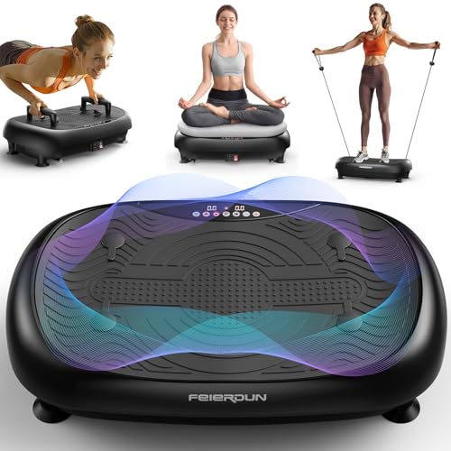 FEIERDUN Assisted Version 2 in 1 Vibration Plate, Whole Body Vibration Plate Exercise Machine for Lymphatic Drainage, with Inflatable Cushion, Push-up Handles, 2 Resistance Bands for Healthy