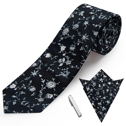 Image of YourTies Cotton Floral Tie for Men 2.5 inch Printed Skinny Necktie Pocket Square Tie Clip Set Flower Wedding Party Groom
