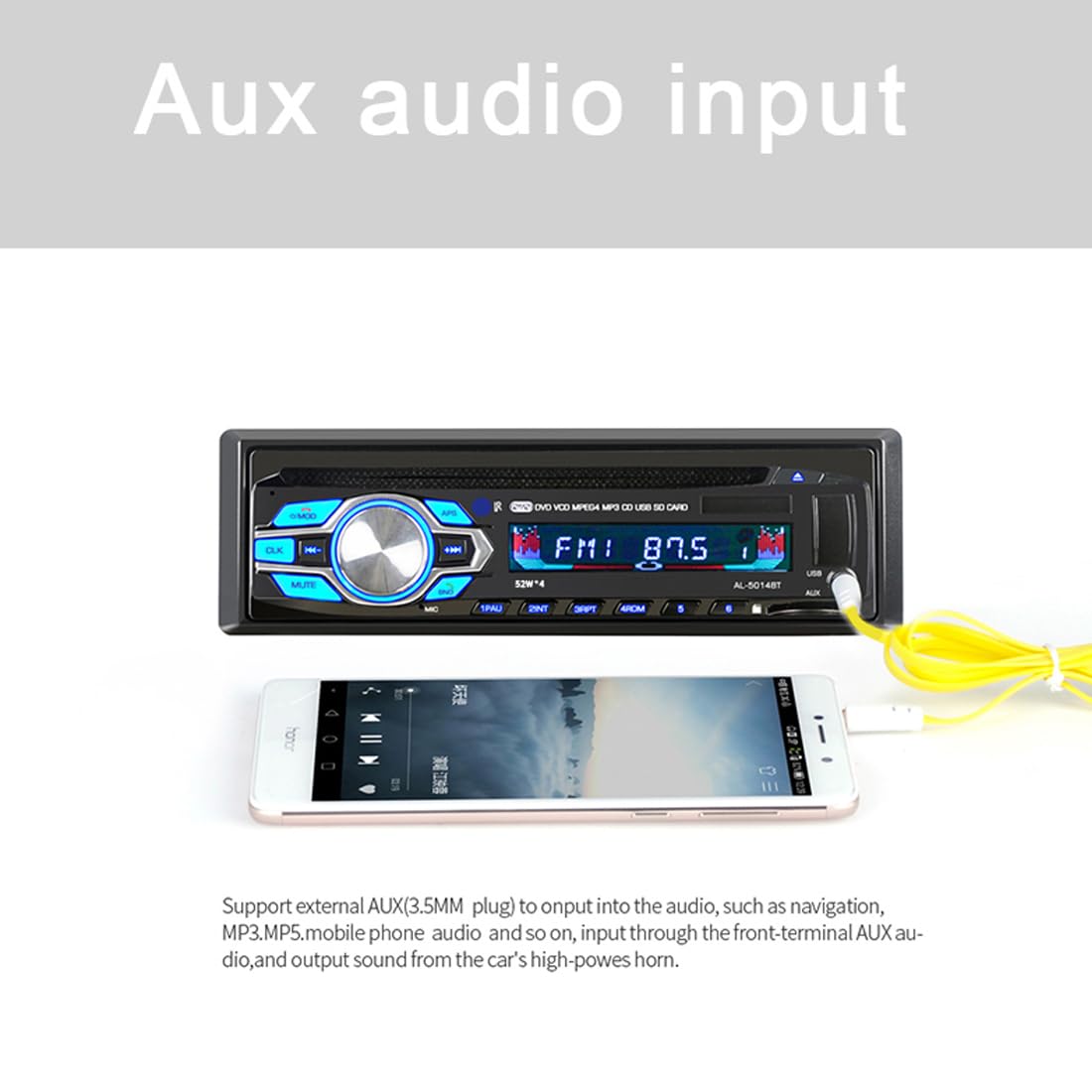 Autoradio sans Fil Bluetooth Lecteur CD DVD MP3 Stéréo Voiture Mains Libres Autoradio Audio Radio 5014 Voiture-Style avec Télécommande 1 Din 12V